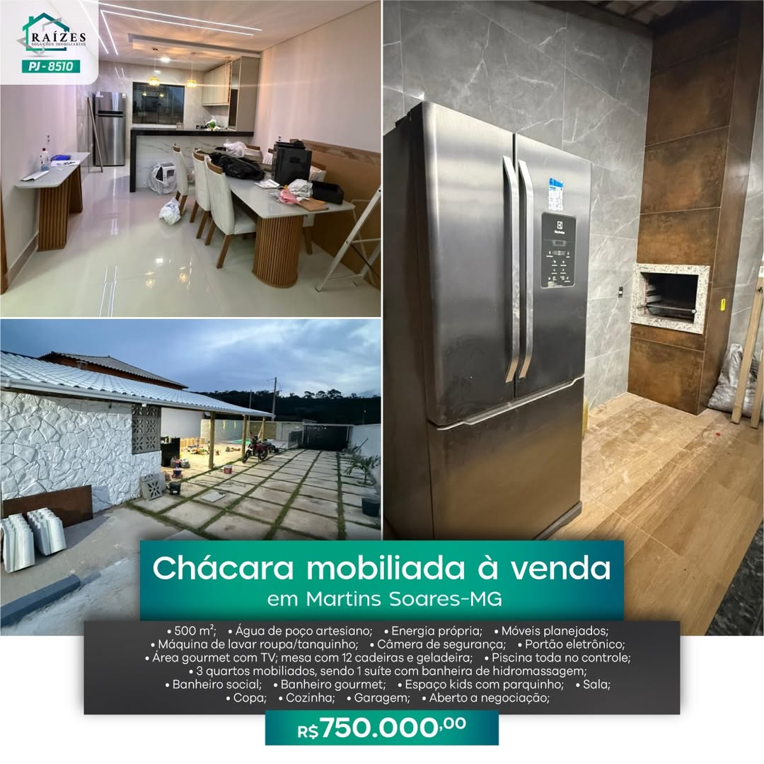 CHÁCARA MOBILIADA À VENDA EM MARTINS SOARES-MG
• 500 m²;
• Água de poço artesiano;
• Energia própria;
• Móveis planejados;
• Máquina de lavar roupa/tanquinho;
• Câmera de segurança;
• Portão eletrônico;
• Área gourmet com TV; mesa com 12 cadeiras e geladeira;
• Piscina toda no controle;
• 3 quartos mobiliados, sendo 1 suíte com banheira de hidromassagem;
• Banheiro social;
• Banheiro gourmet;
• Espaço kids com parquinho;
• Sala;
• Copa;
• Cozinha;
• Garagem;
• Aberto a negociação;
VALOR: R$ 750.000,00 (setecentos e cinquenta mil)
.
RAÍZES SOLUÇÕES IMOBILIÁRIAS – PJ 8510
.
#imoveis #imobiliaria #corretor #corretordeimoveis #terreno propriedade altopadrao casa apartamento investimento fazenda chacara lote
